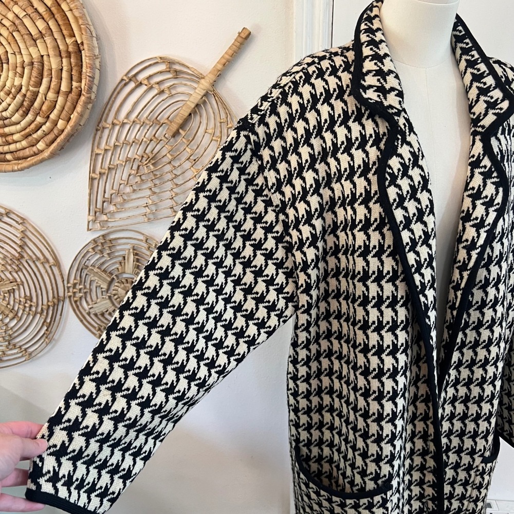 Vintage Adrienne Vittadini Italy Wool Houndstooth Knit Coatigan Cardigan L - Picture 5 of 10